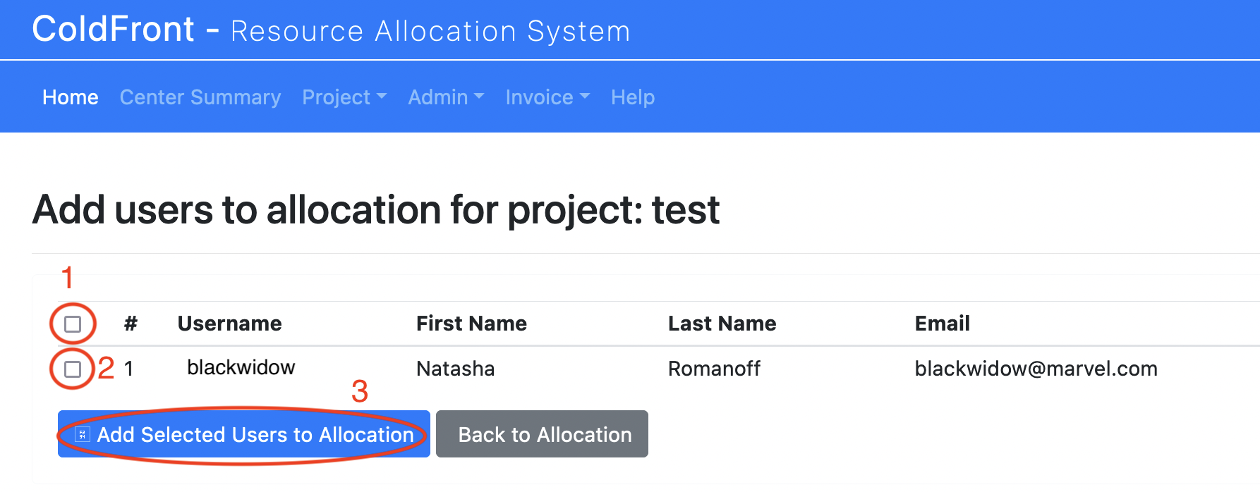 Screenshot of page to add users to Allocation