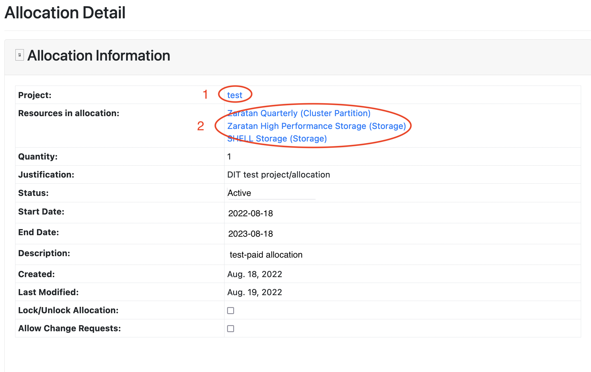 Screenshot of Information section of ColdFront Allocations Detail page