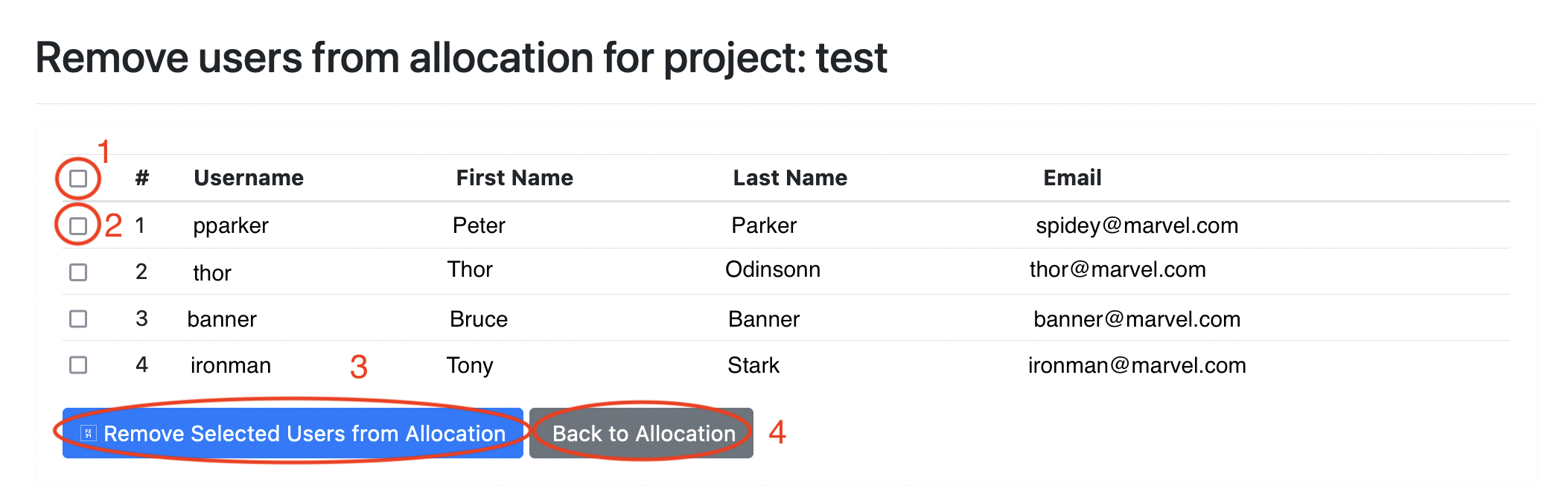 Screenshot of page to remove users from an  Allocation