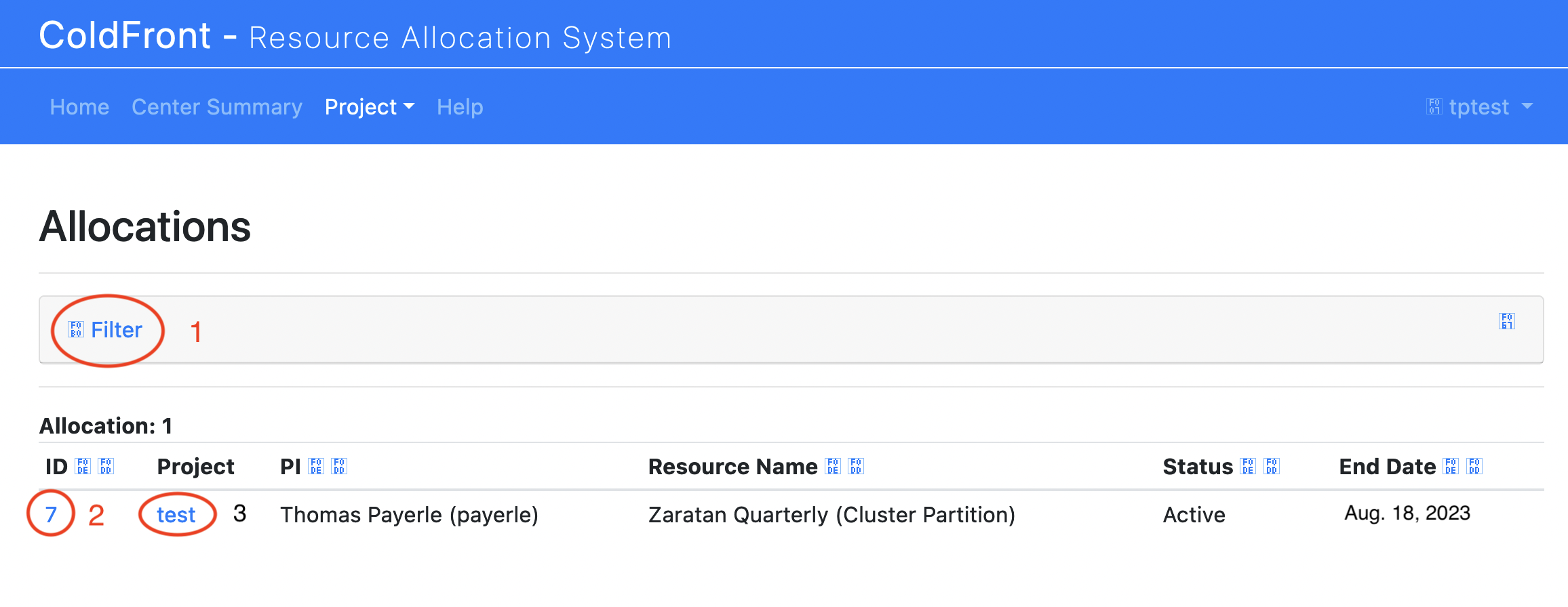 Screenshot of ColdFront Allocations List page, annotated