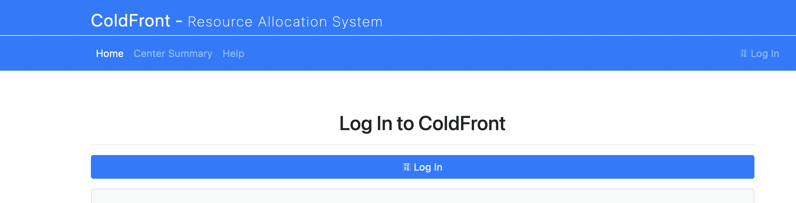 Screen shot of ColdFront login screen