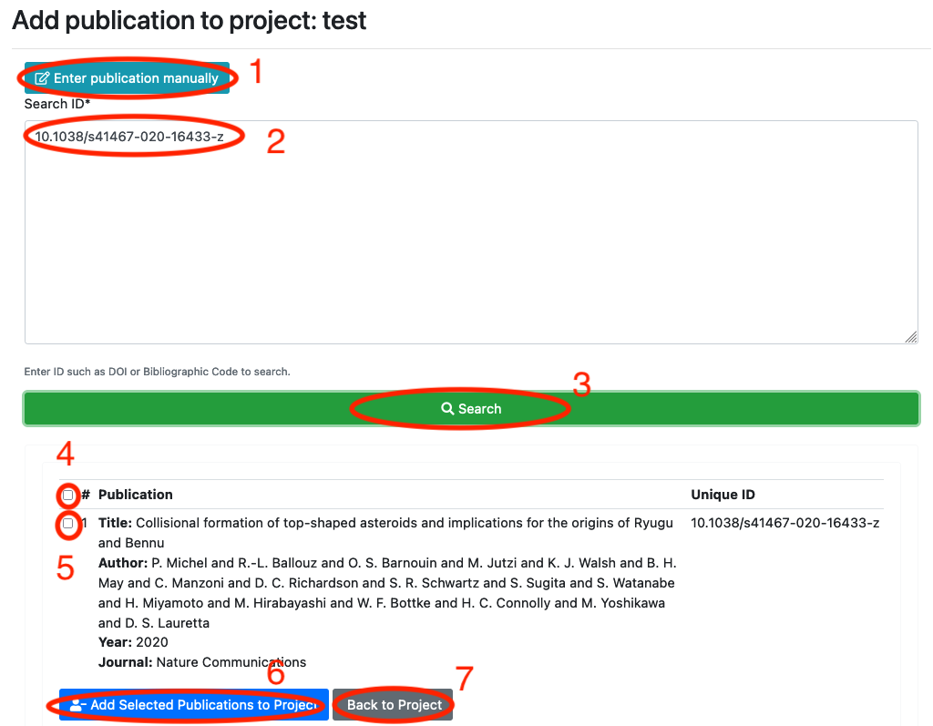 Screenshot of page to to add publications to Project by DOI