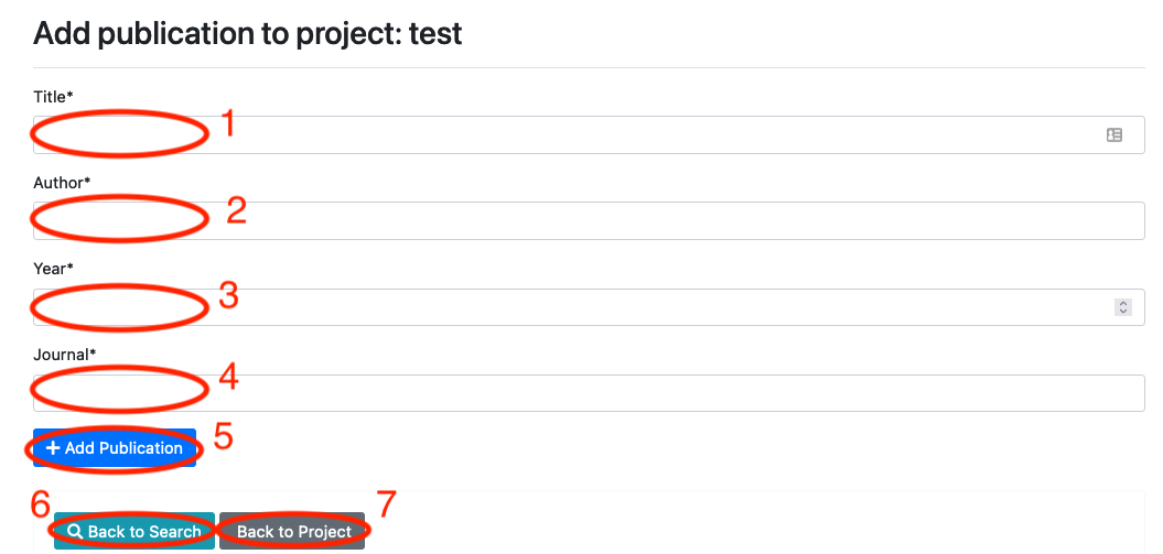 Screenshot of page to to add publications to Project manually