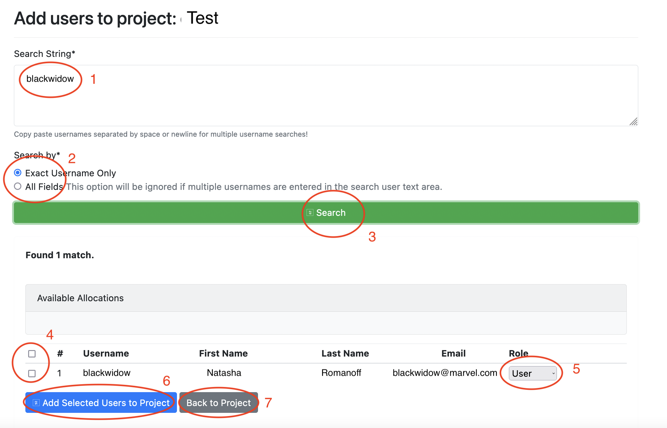 Screenshot of page to add users to project