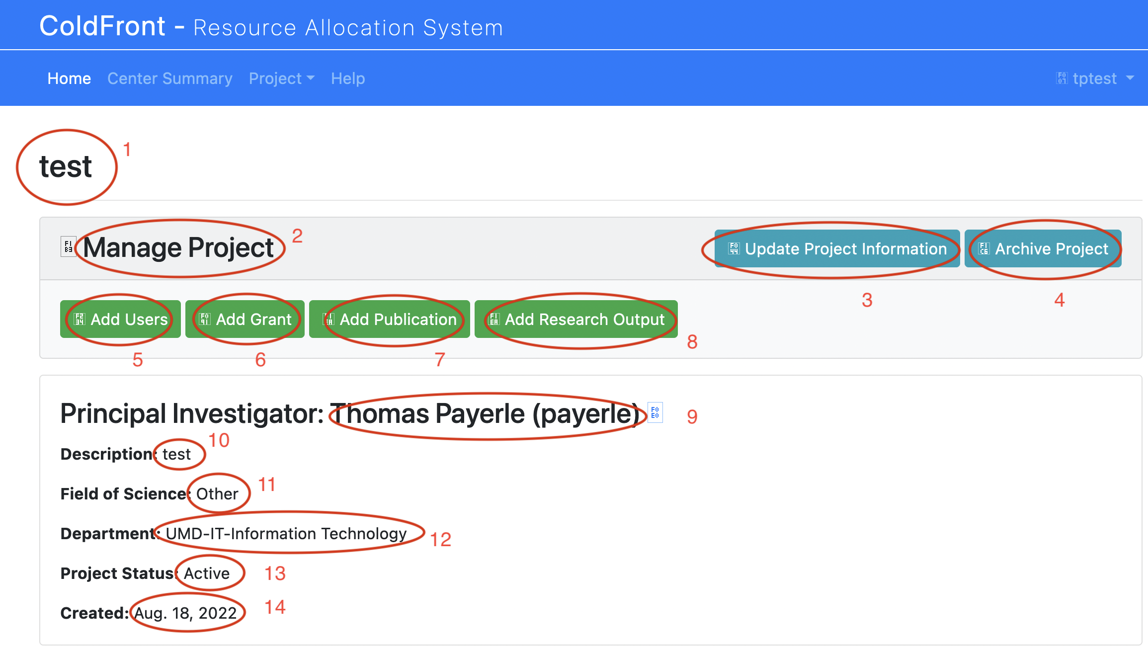 Screenshot of top portion of ProjectDetail page, annotated