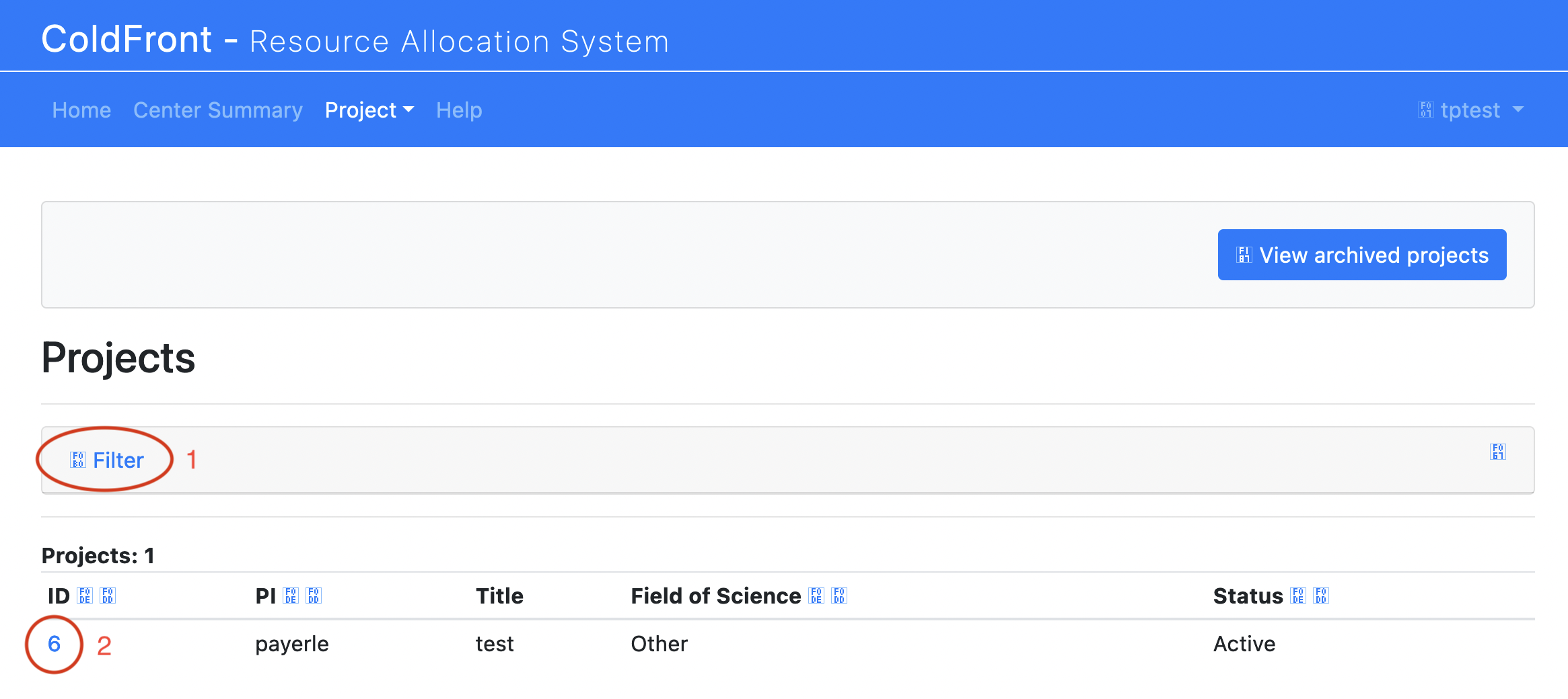 Screenshot of ColdFront Project List page, annotated