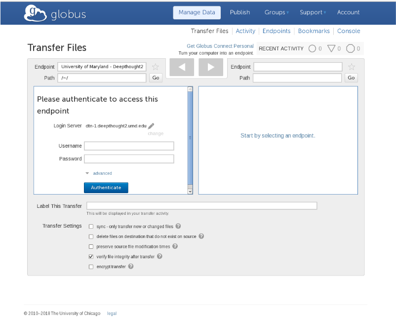 Screenshot of Globus endpoint login